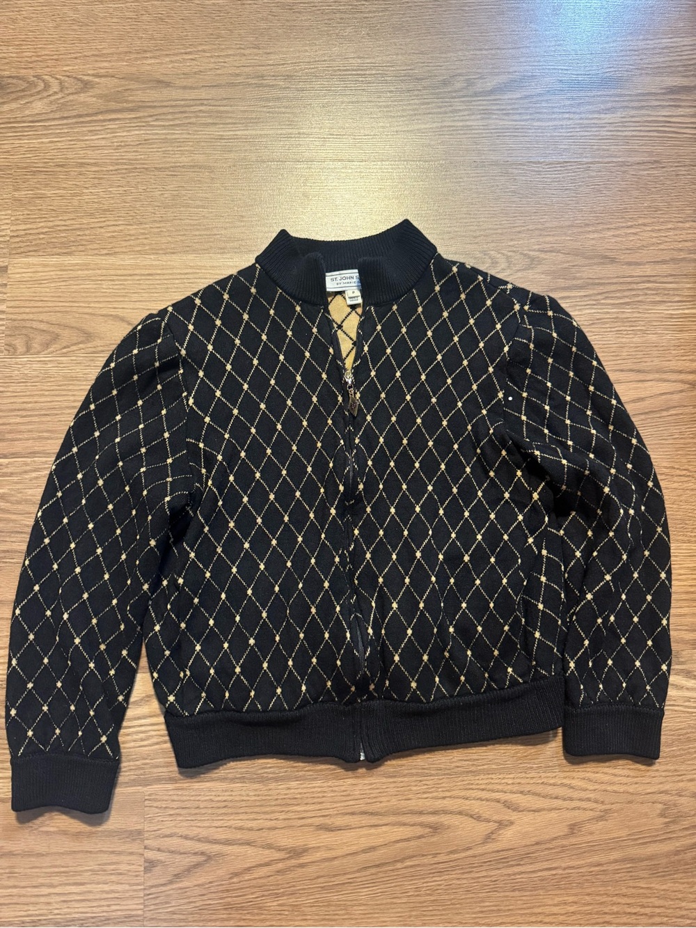 Black & Gold Diamond-Pattern Zip Jacket - St. John Sport by Marie Gray READ DESC